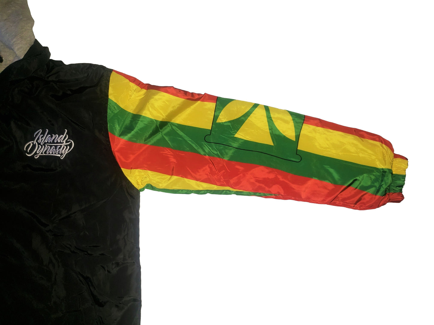 Island Dynasty Kanaka Maoli Windbreaker - Island Dyansty Apparel OuterwearFront view of the left sleeve showing the Kanaka Maoli Flag on the Island Dynasty Kanaka Maoli Flag Windbreaker