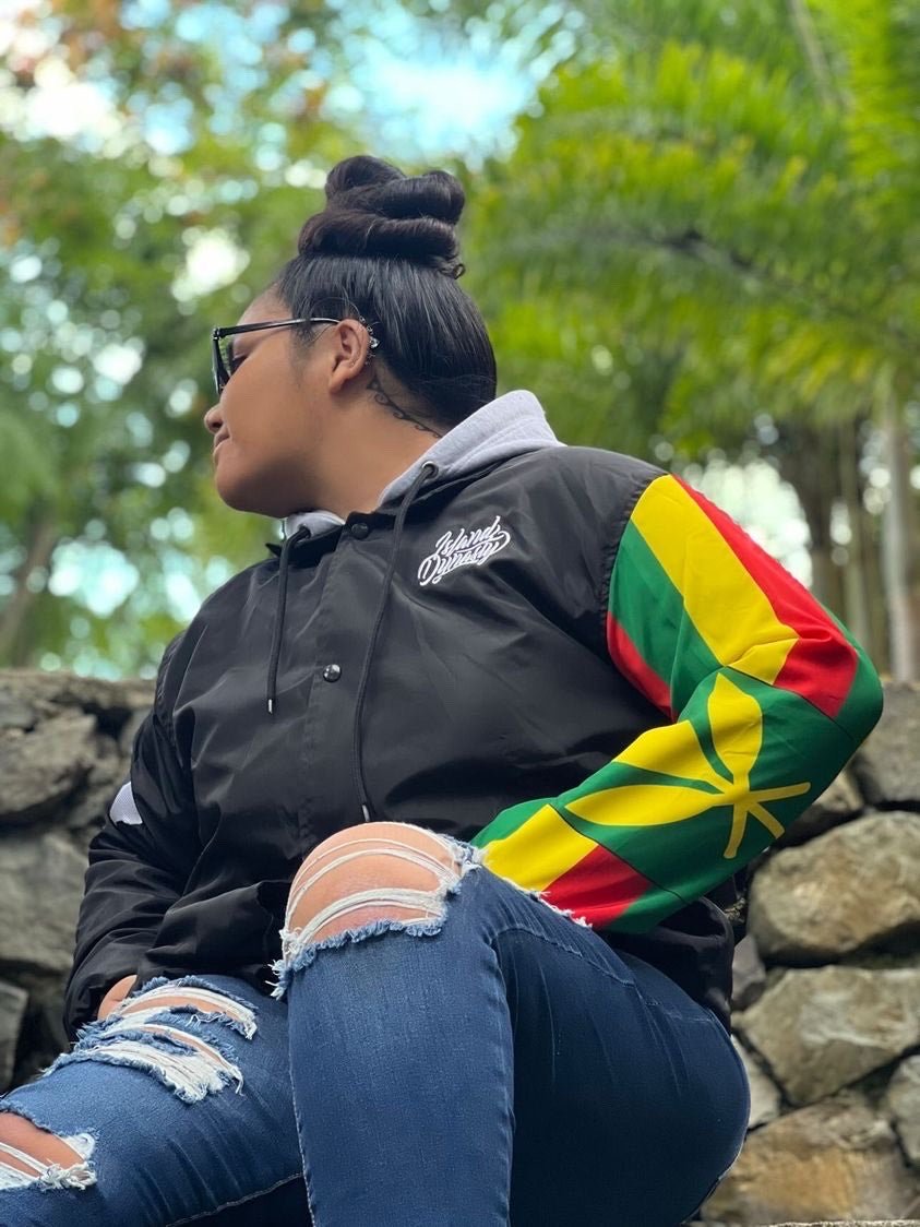 Island Dynasty Kanaka Maoli Windbreaker - Island Dyansty Apparel OuterwearWoman Model wearing the Island Dynasty Kanaka Maoli Flag Windbreaker