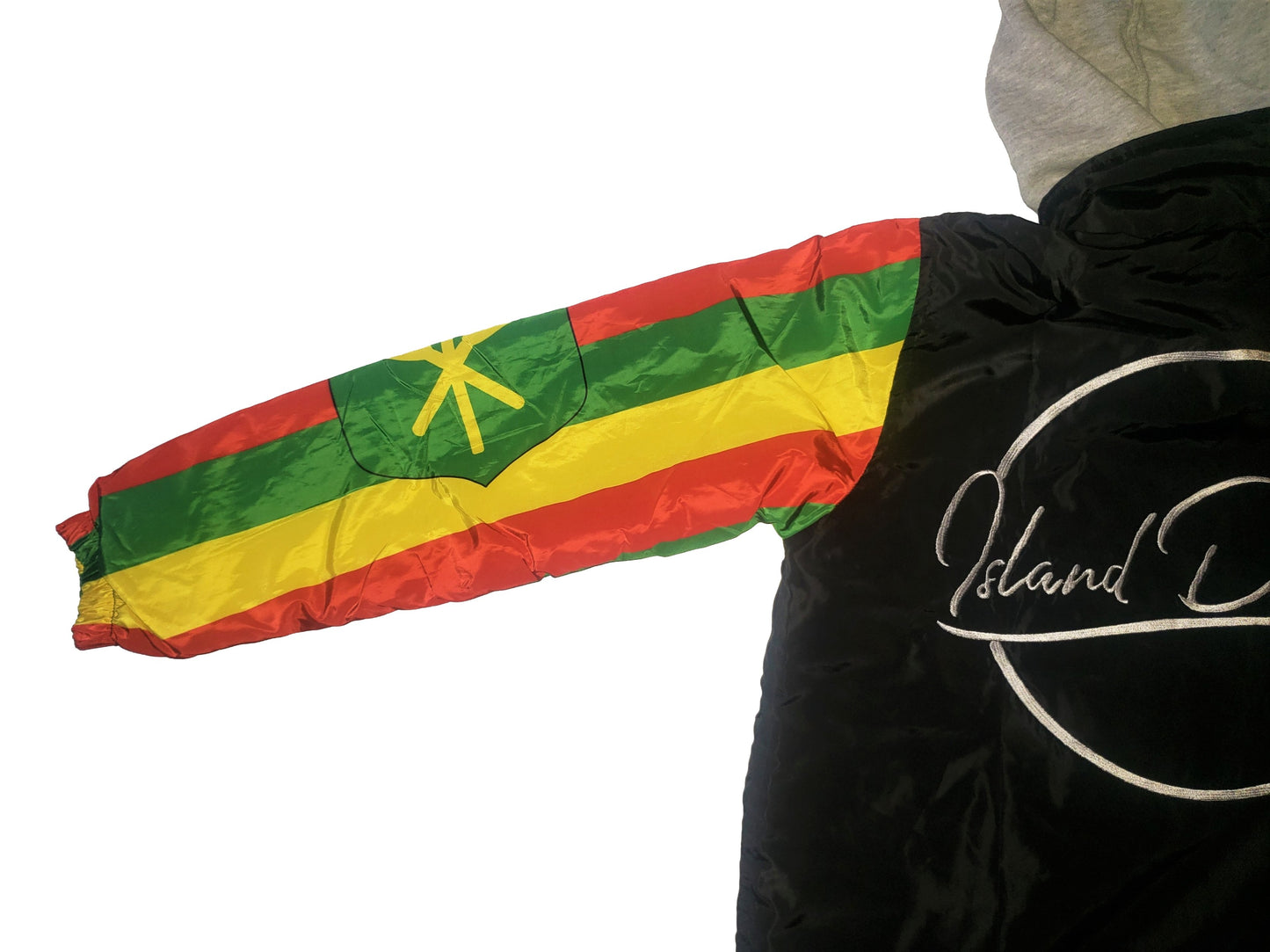 Island Dynasty Kanaka Maoli Windbreaker - Island Dyansty Apparel OuterwearBack side view of the left sleeve of the Island Dynasty Kanaka Maoli Windbreaker with embroidered Island Dynasty logo on the back.